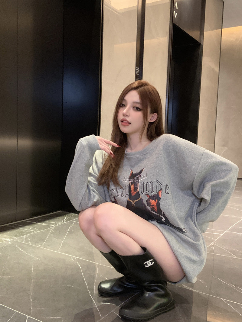 💕美式帥氣杜賓犬印花寬鬆中長衛衣