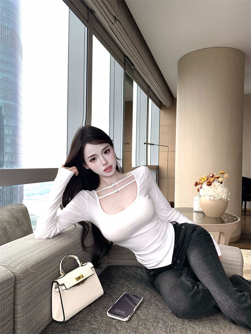 💕氣質設計感褶皺雙條扣低胸上衣
