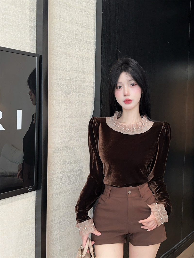 💕chic韓系小個子泡泡袖絲絨上衣