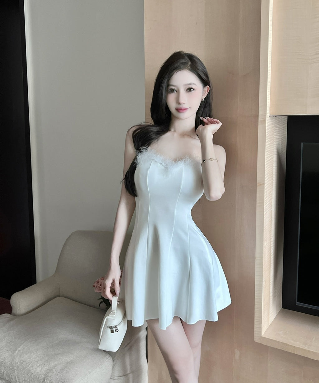 💕法式性感毛毛拼接抹胸大擺連衣裙