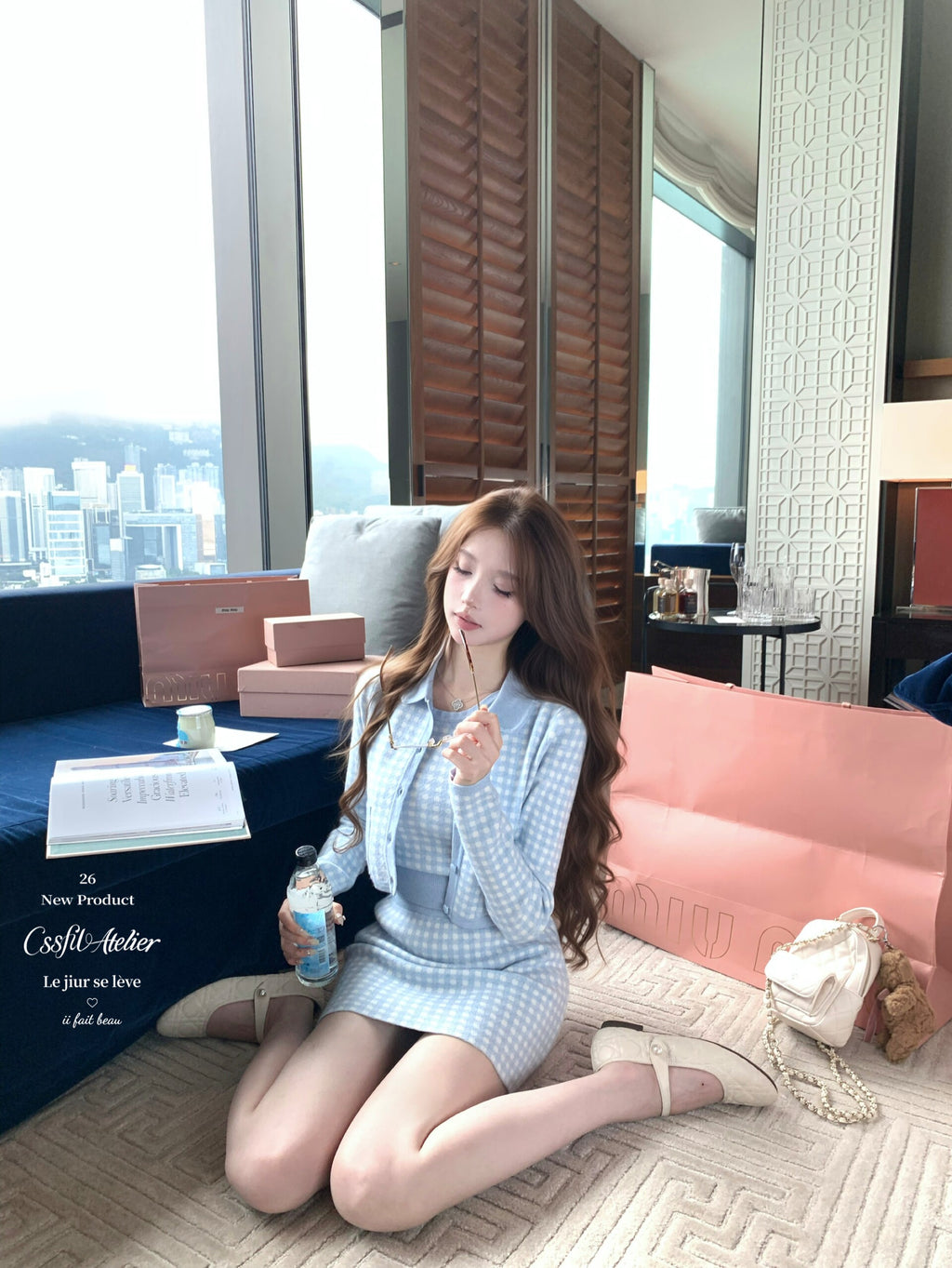 💕海鹽香頌藍粉格子三件套