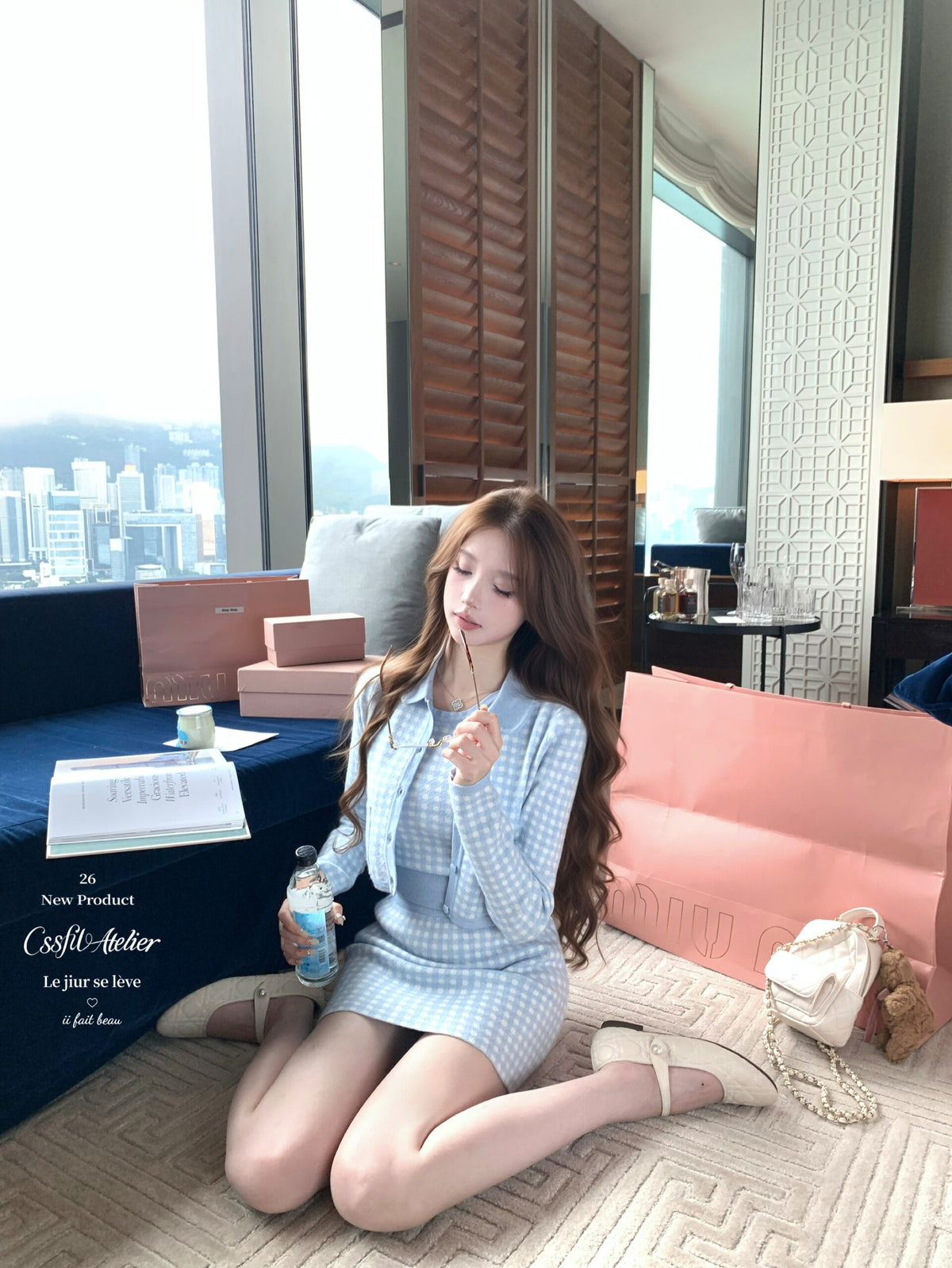 💕海鹽香頌藍粉格子三件套