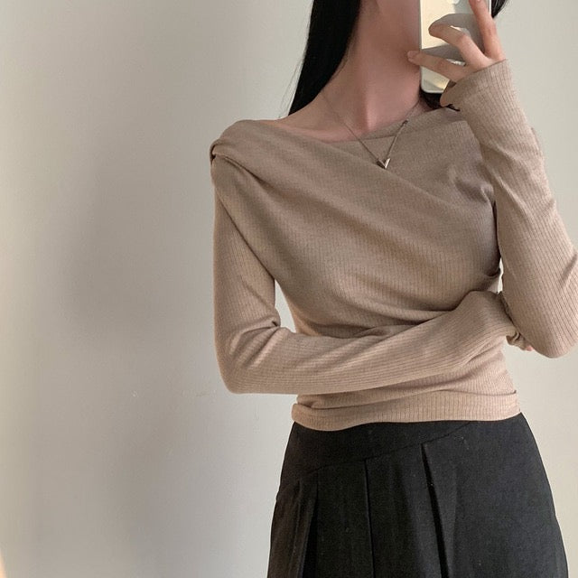 💕溫柔春秋純欲露肩+飄帶顯瘦法式上衣