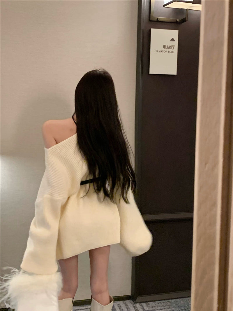 💕氣質甜美露肩針織寬鬆配腰帶連衣裙