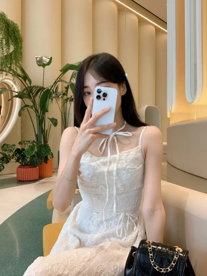 💕ihs系溫柔蕾絲性感露背鬆緊系帶收腰吊帶長裙
