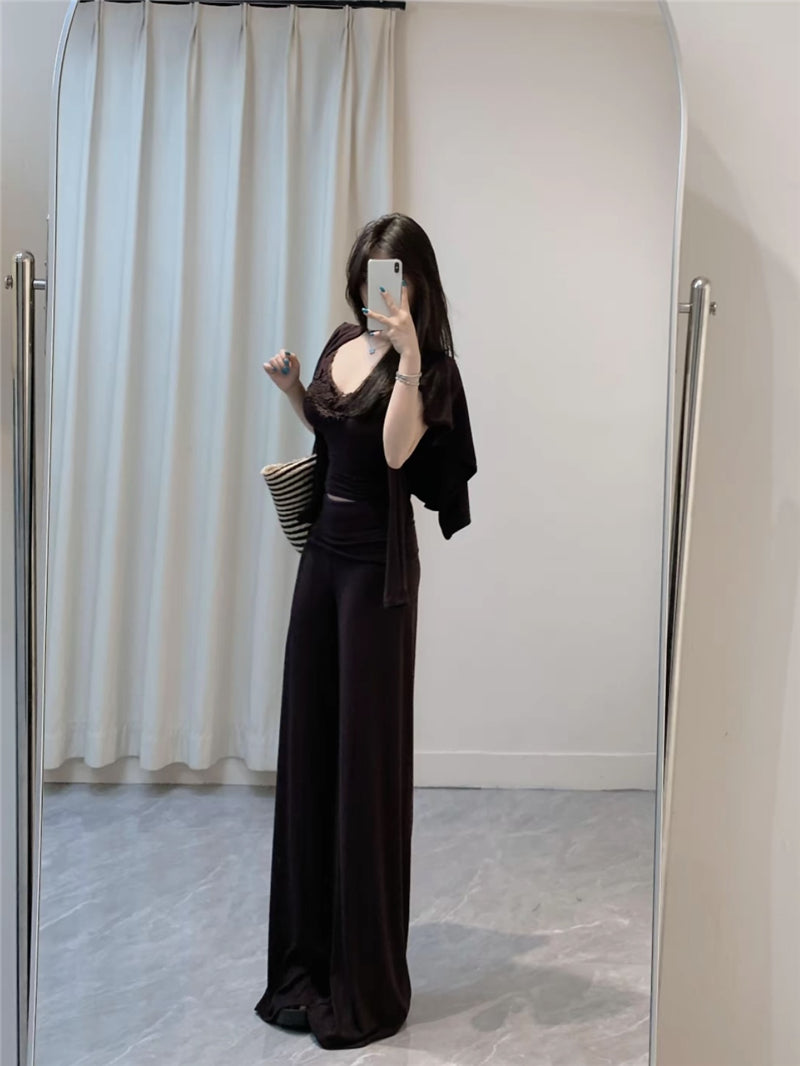 💕溫柔帶胸墊蕾絲吊帶休閒三件套