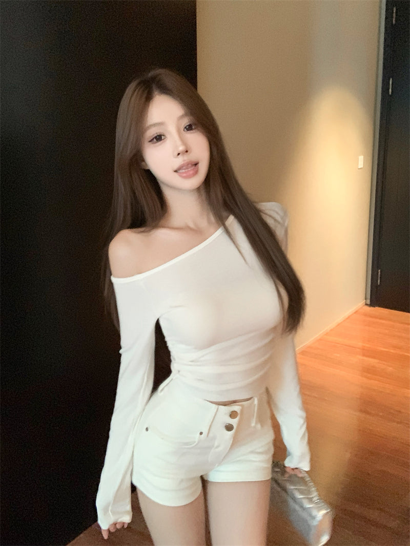 💕簡約通勤絕美基礎款斜肩磨毛上衣