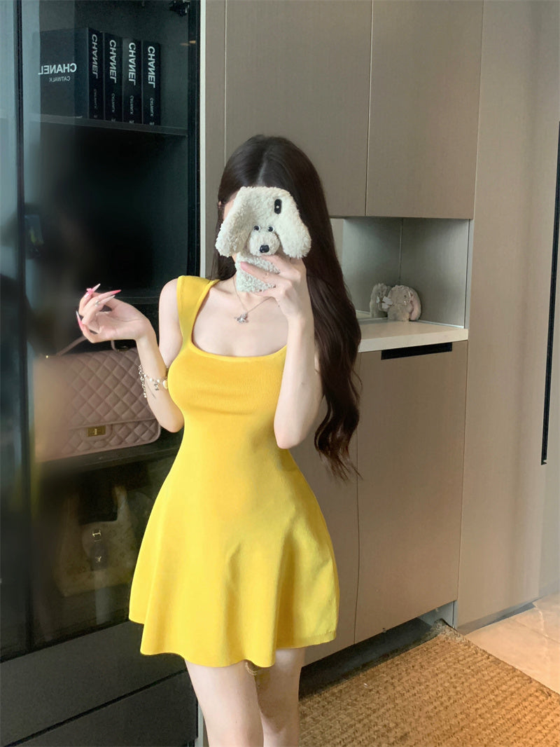 💕夏季法式方領針織連衣包臀短裙