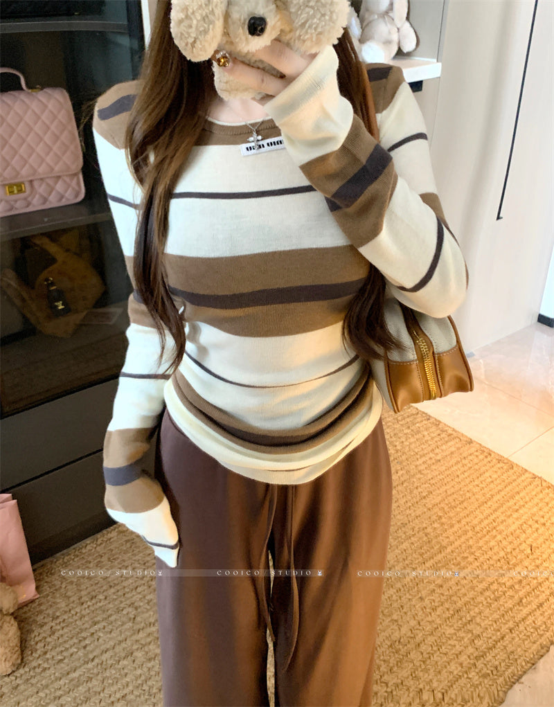 💕簡約休閒不規則條紋針織打底上衣