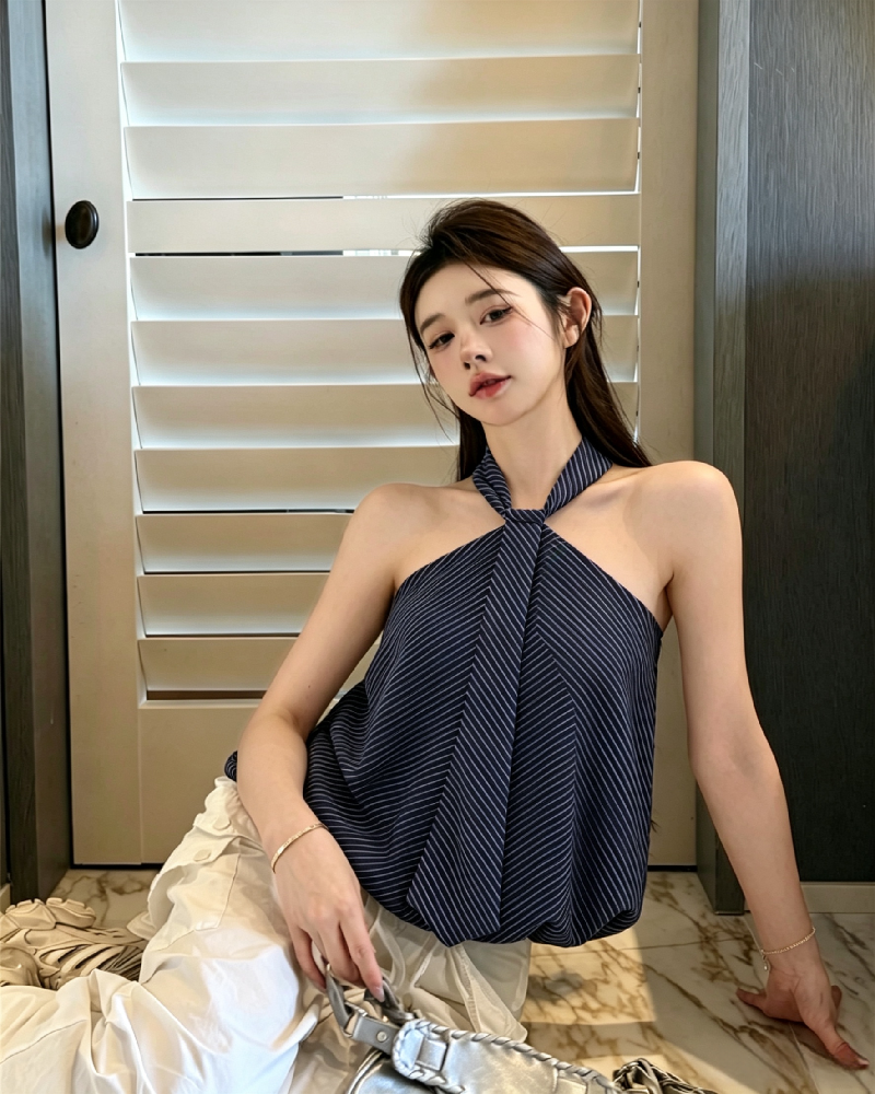 💕氣質掛脖黑白條紋抹胸花苞無袖上衣