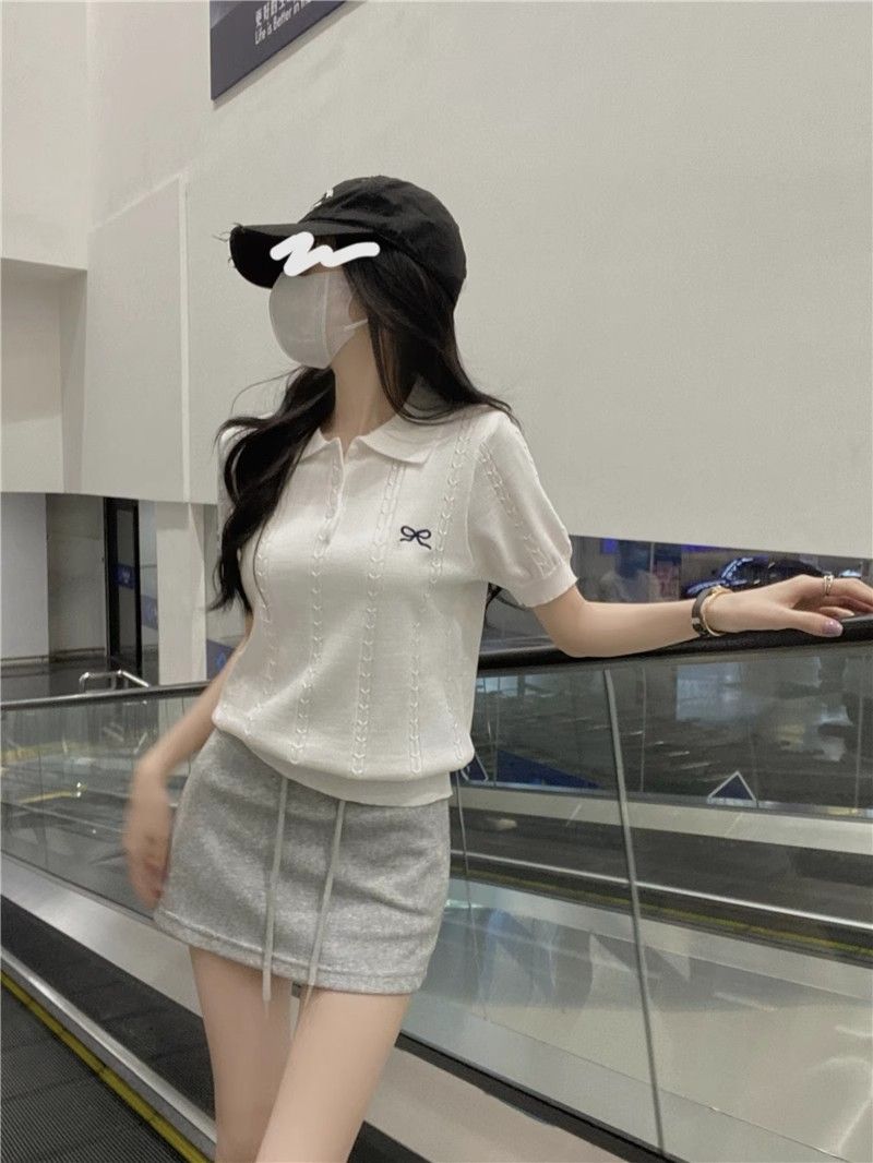 💕百搭甜美POLO領蝴蝶結刺繡針織衫