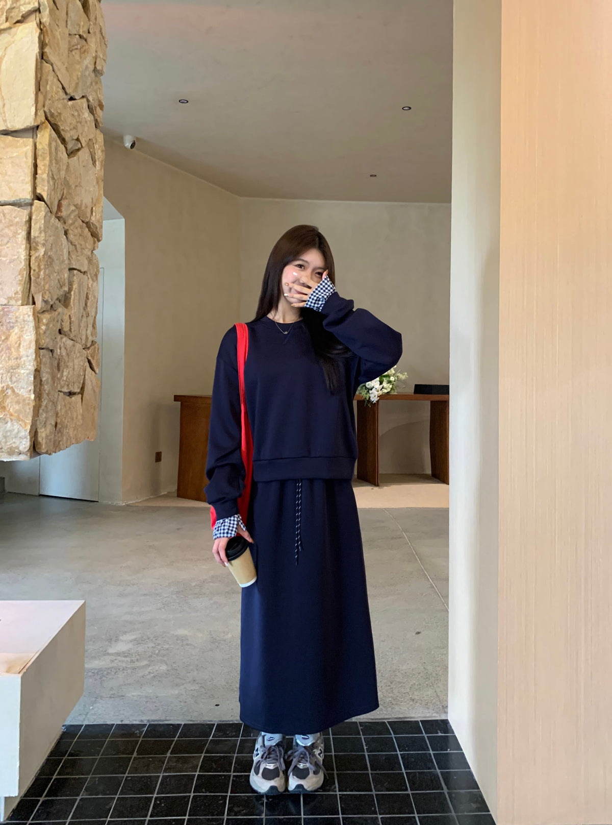 💕春秋美式復古運動套裝上衣+半身裙兩件套