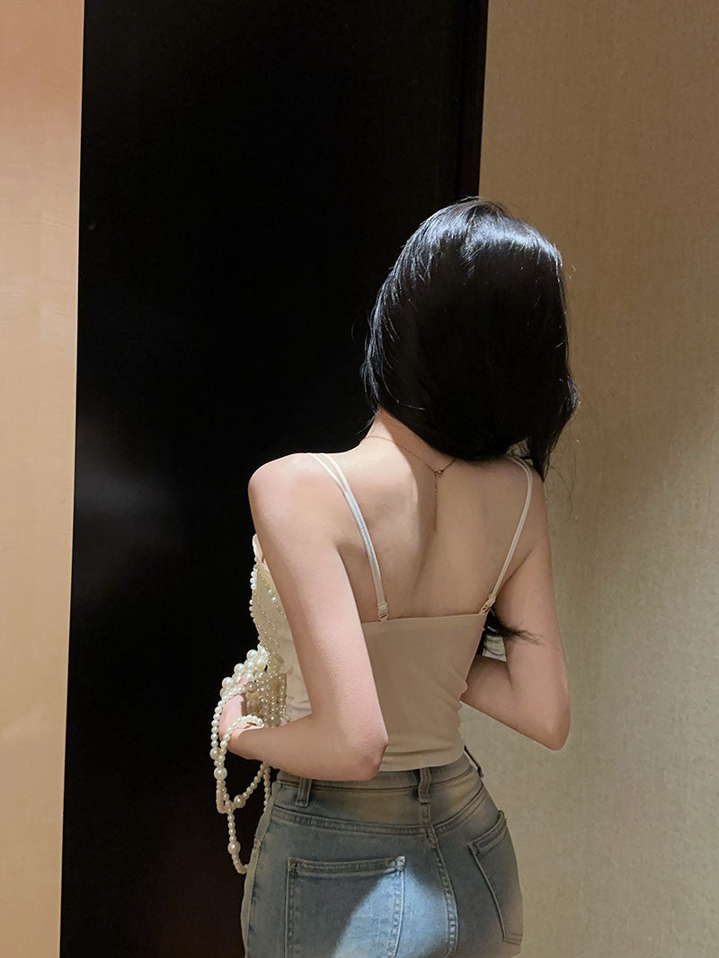 💕獨特重工釘珠蕾絲吊帶帶胸墊上衣