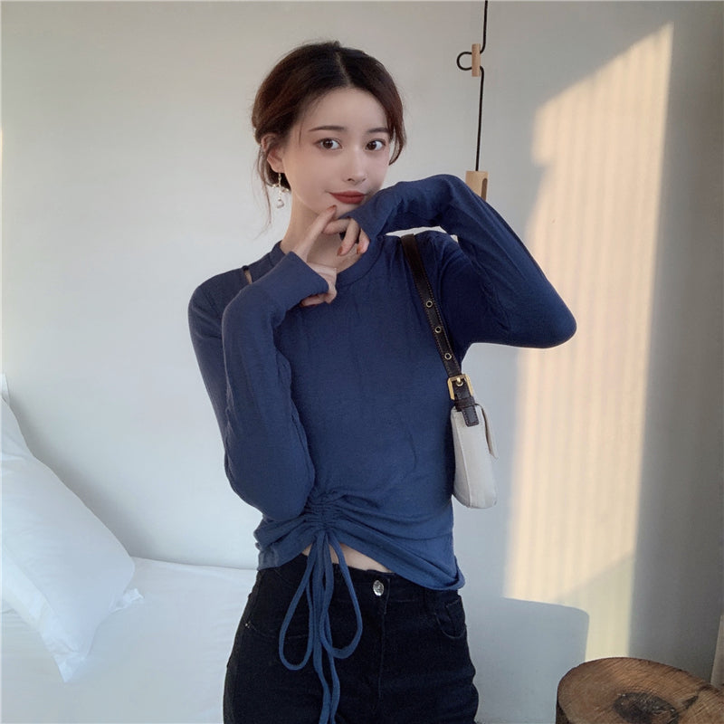 💕純色百搭鏤空側邊抽繩彈力打底上衣