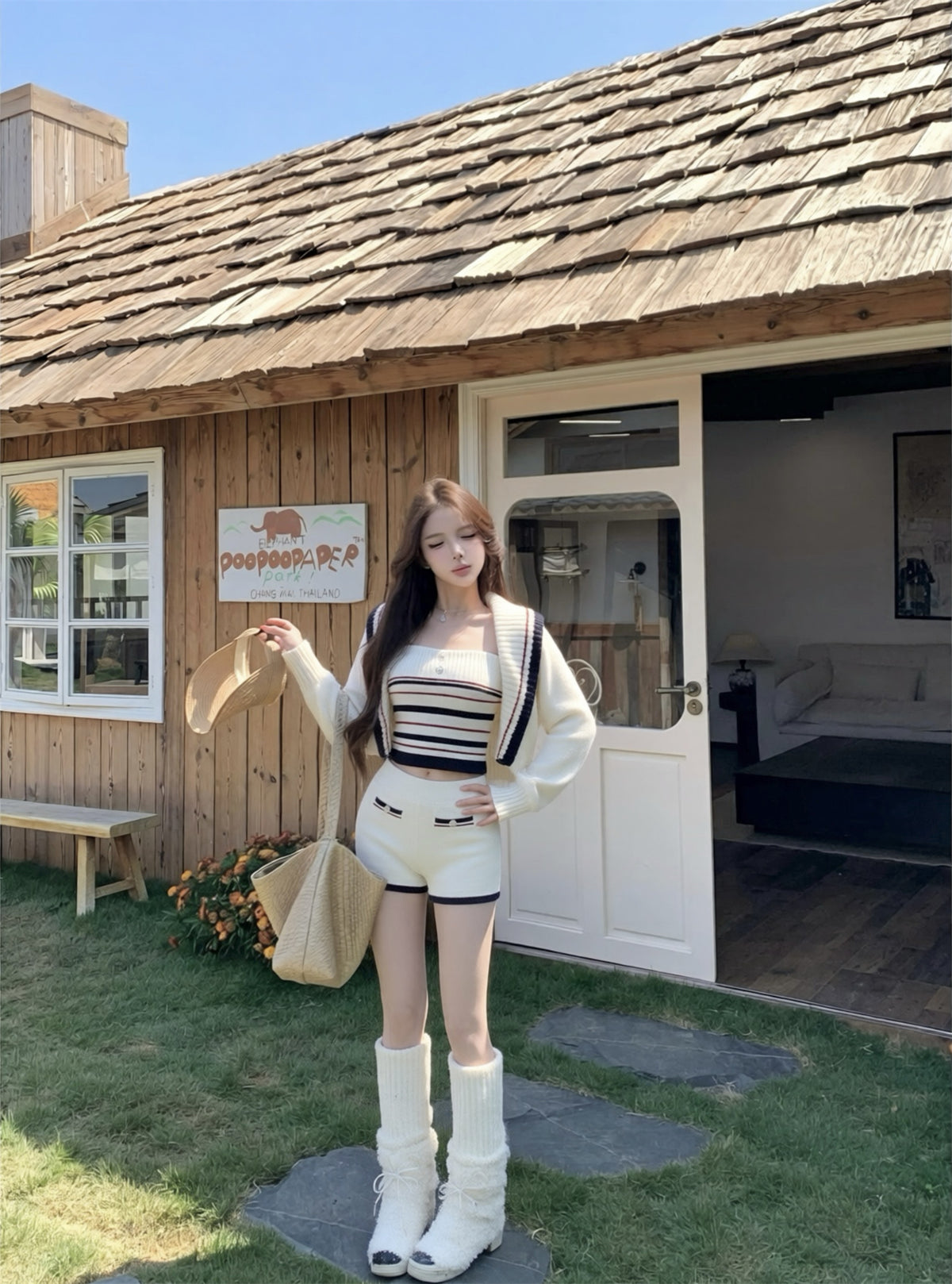 💕休閒慵懶條紋大翻領針織背心三件套