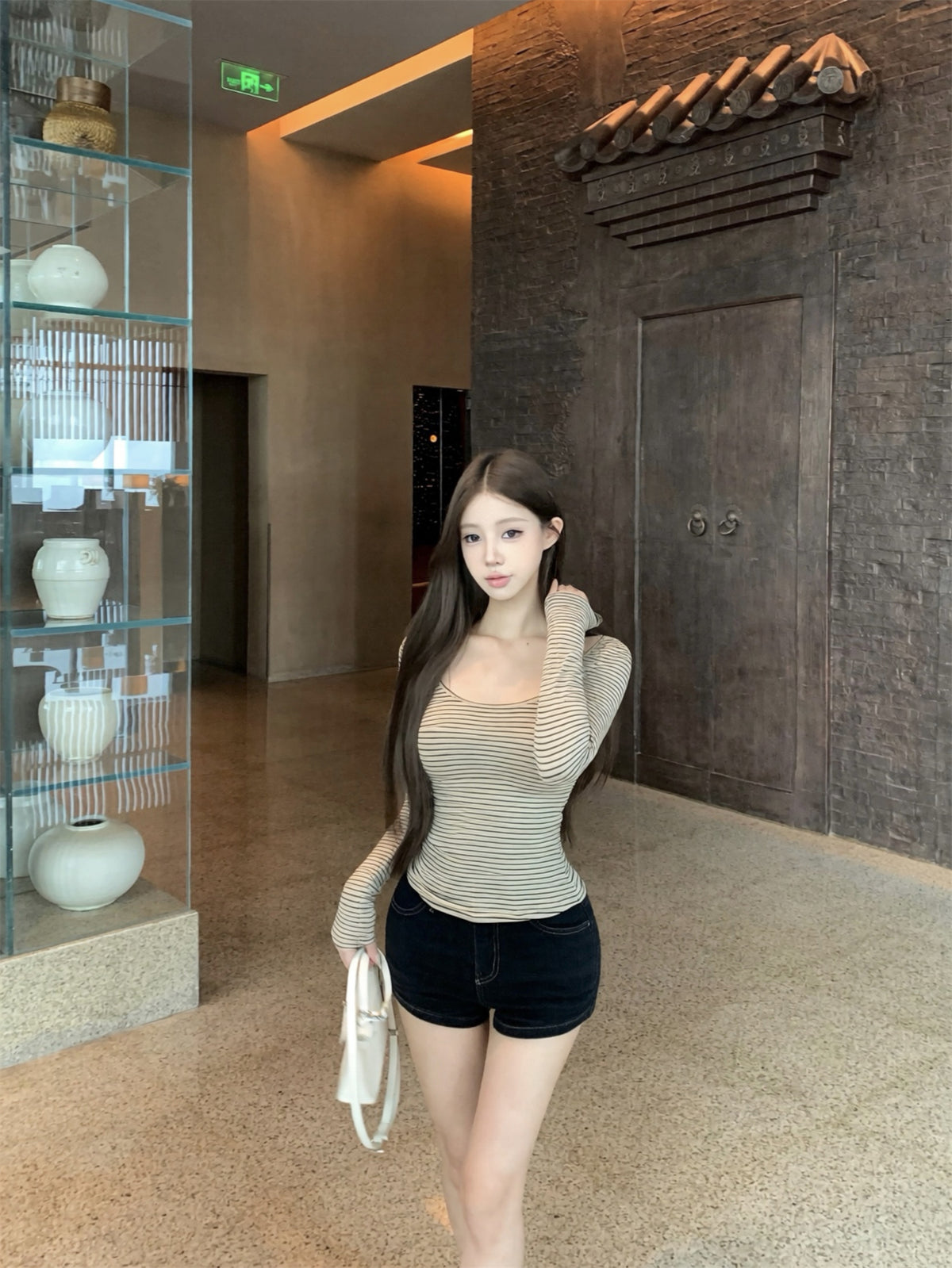 💕春秋親膚簡約顯瘦條紋長袖上衣