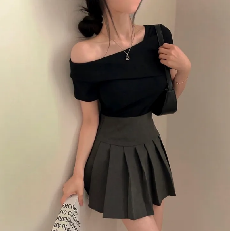 💕韓系chic修身氣質顯瘦斜肩上衣