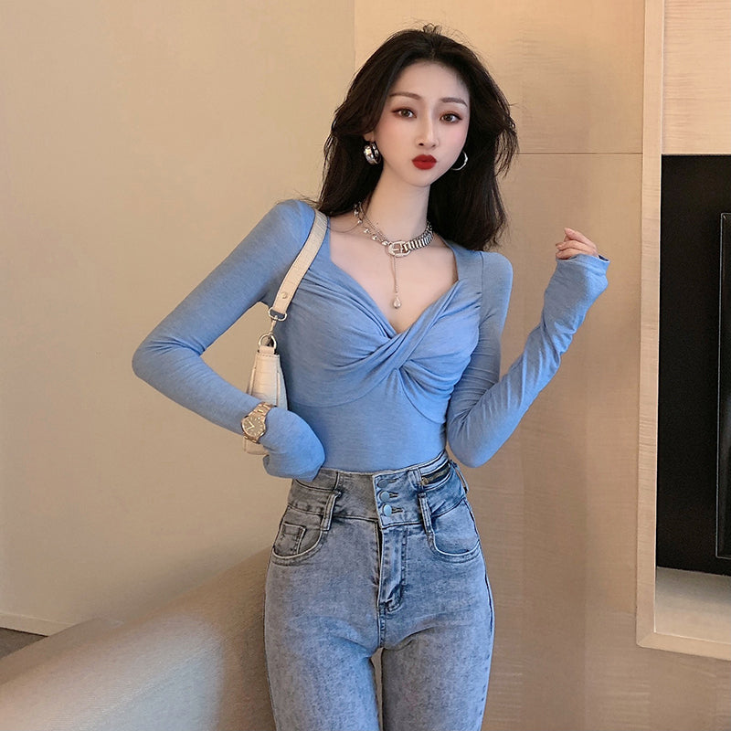 💕長袖V領扭結顯瘦打底衫上衣