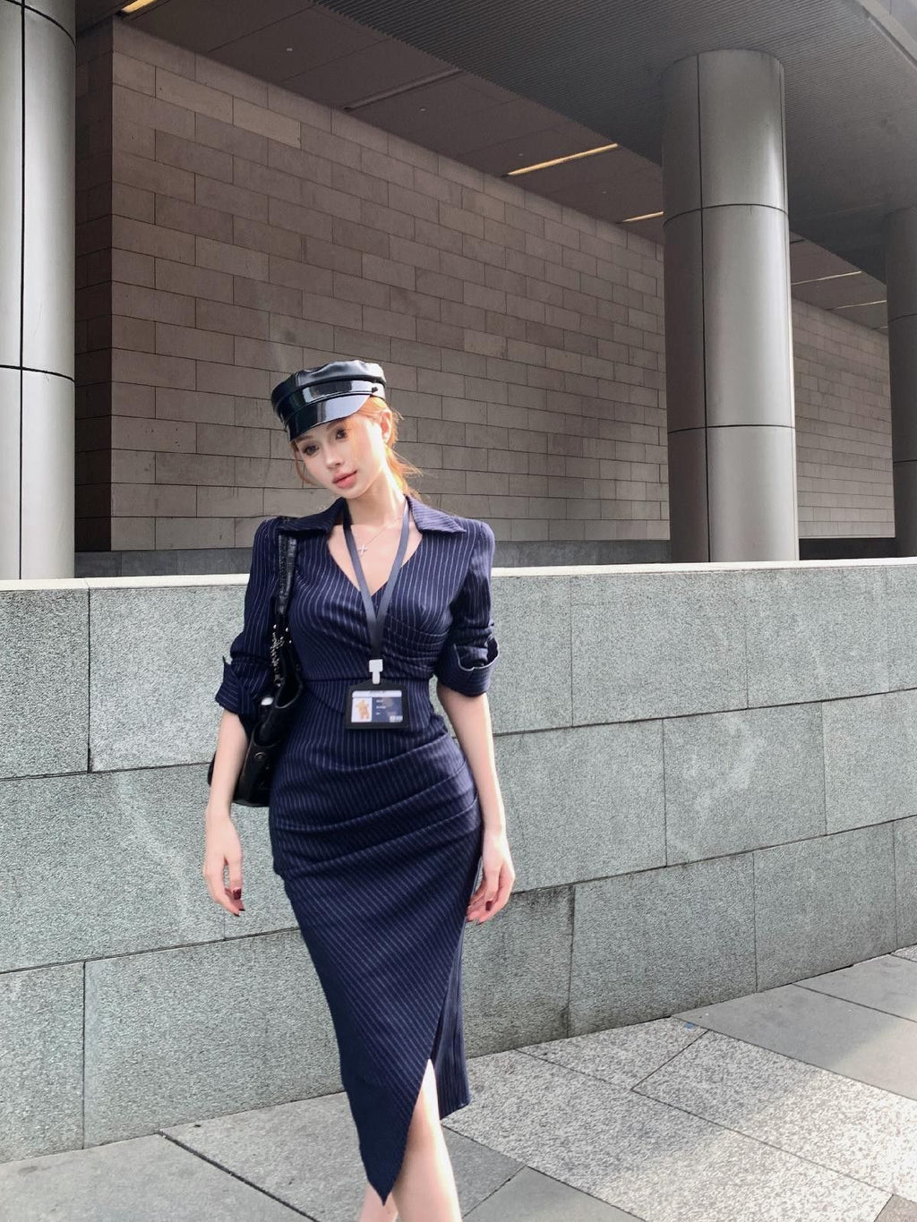 💕高級性感法式條紋V領長袖襯衫連衣裙