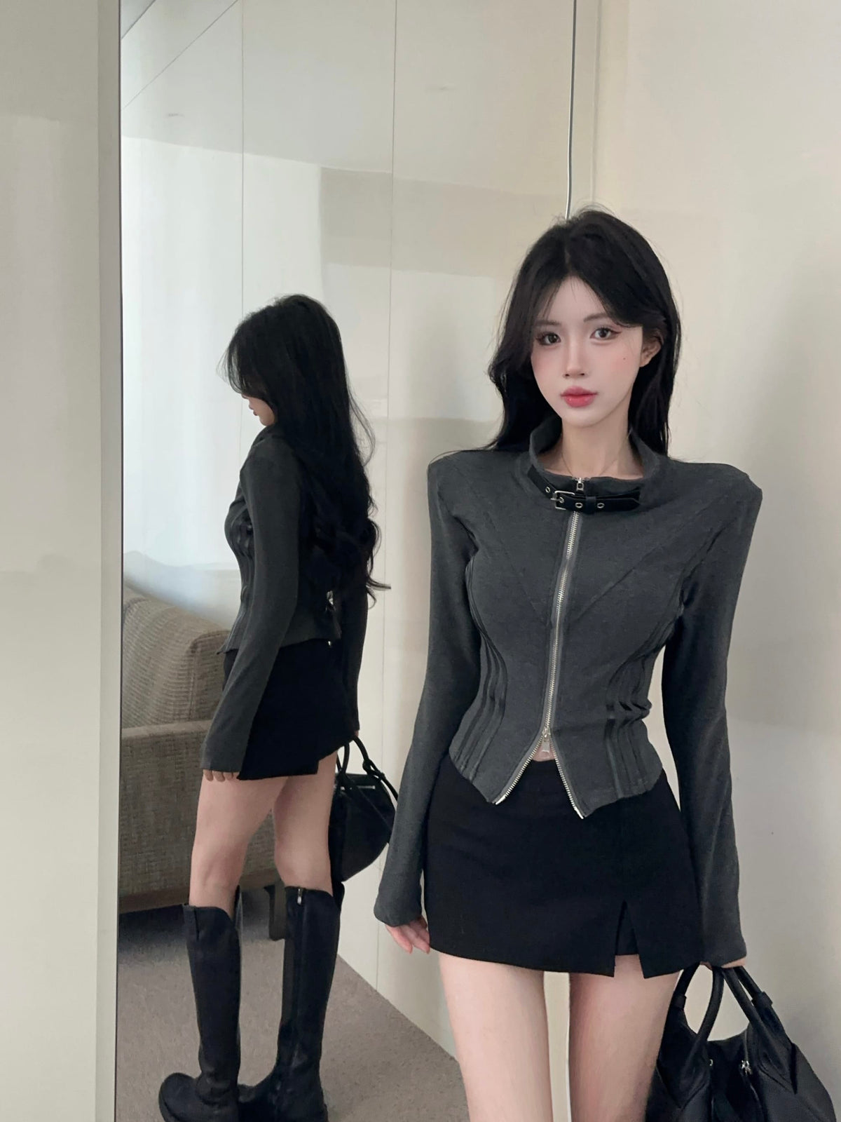 💕甜酷颯設計長袖翻領雙拉鍊顯瘦外套