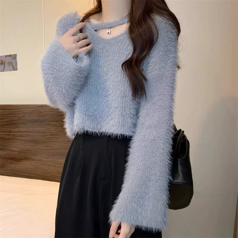 💕秋冬慵懶軟糯水貂毛短款上衣