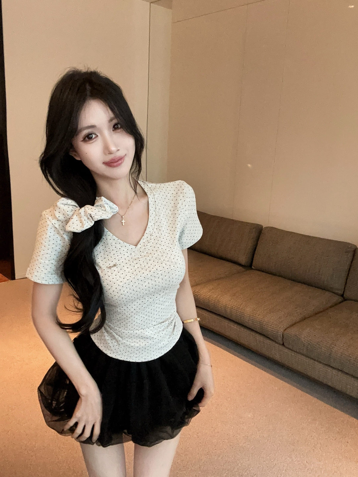 💕氣質星星點點V領短袖上衣