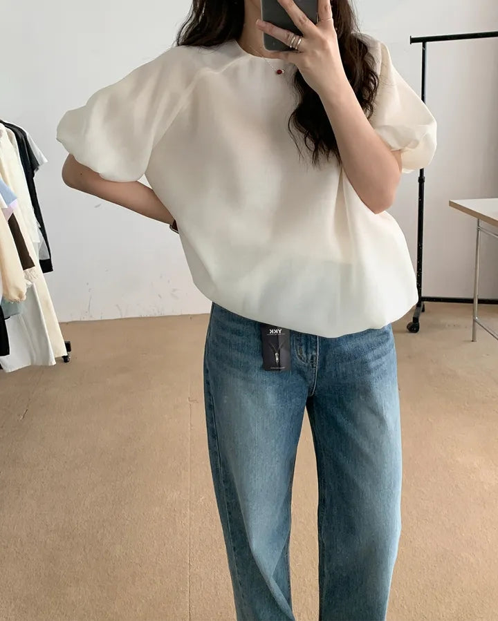 💕溫柔氣質簡約泡泡袖寬鬆顯瘦花苞衫上衣