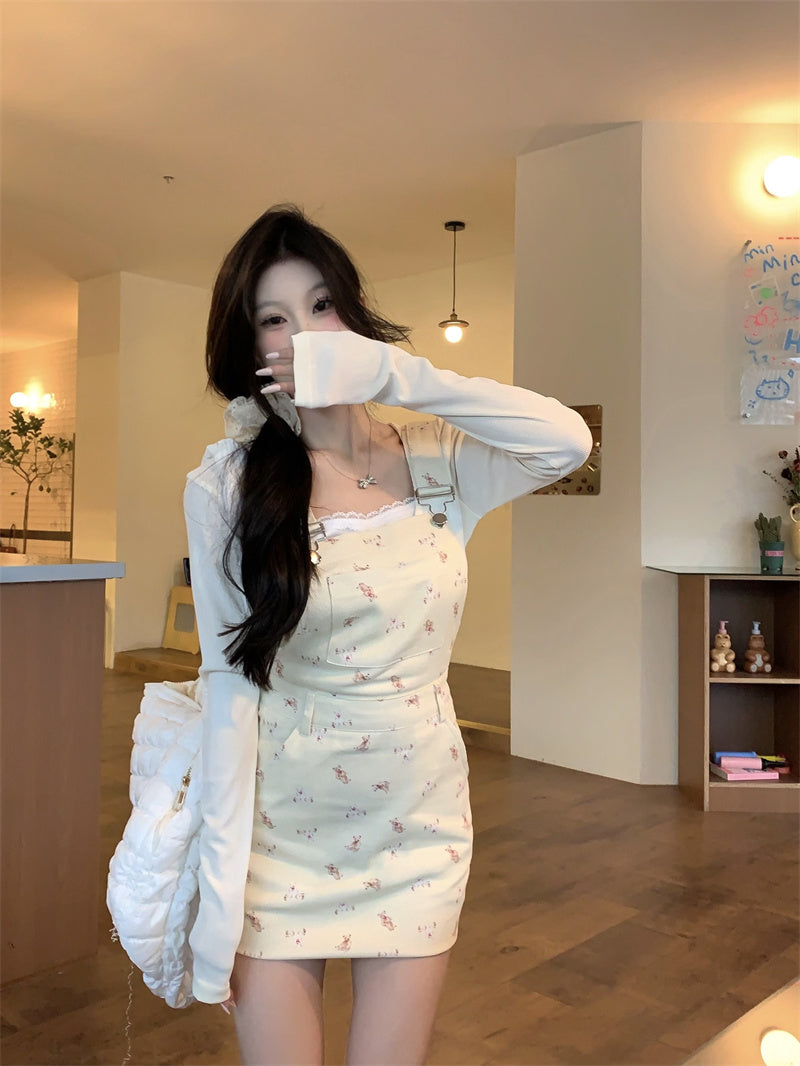 💕chic溫柔可愛韓系碎花吊帶裙套裝