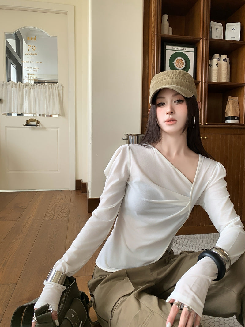 💕chic復古不規則斜領長袖短款不對襯上衣