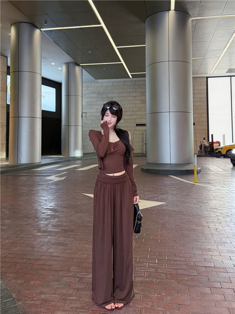 💕秋季復古性感蕾絲掛脖吊帶闊腿長褲套裝