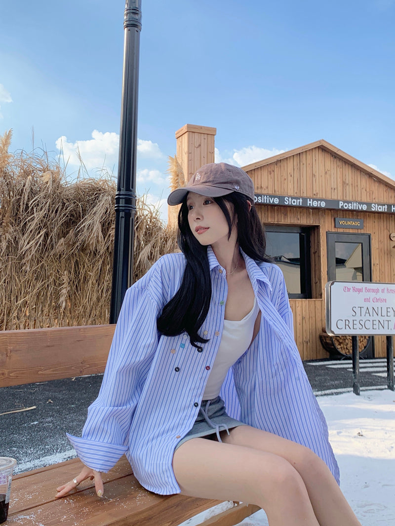 💕青春寬鬆百搭別緻彩色鈕扣條紋襯衫