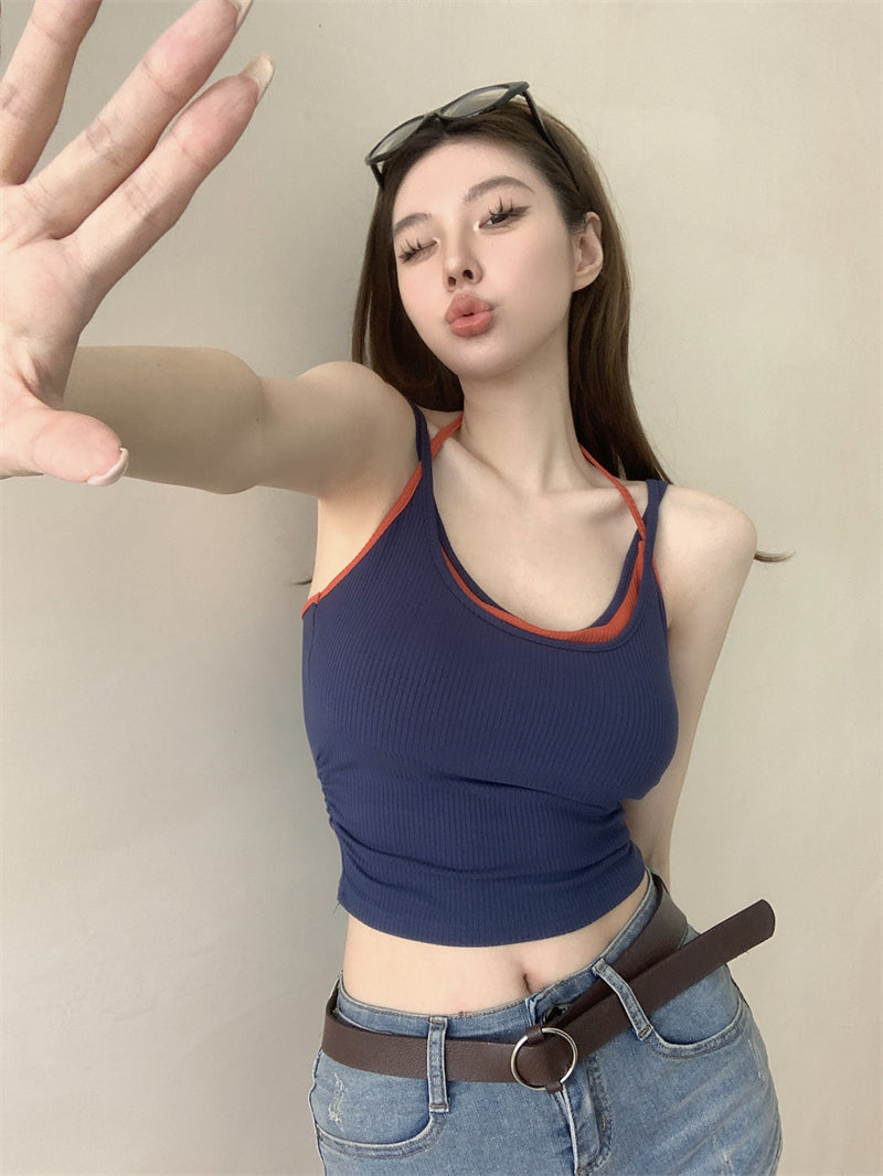 💕春夏熱辣假兩件帶胸墊吊帶背心