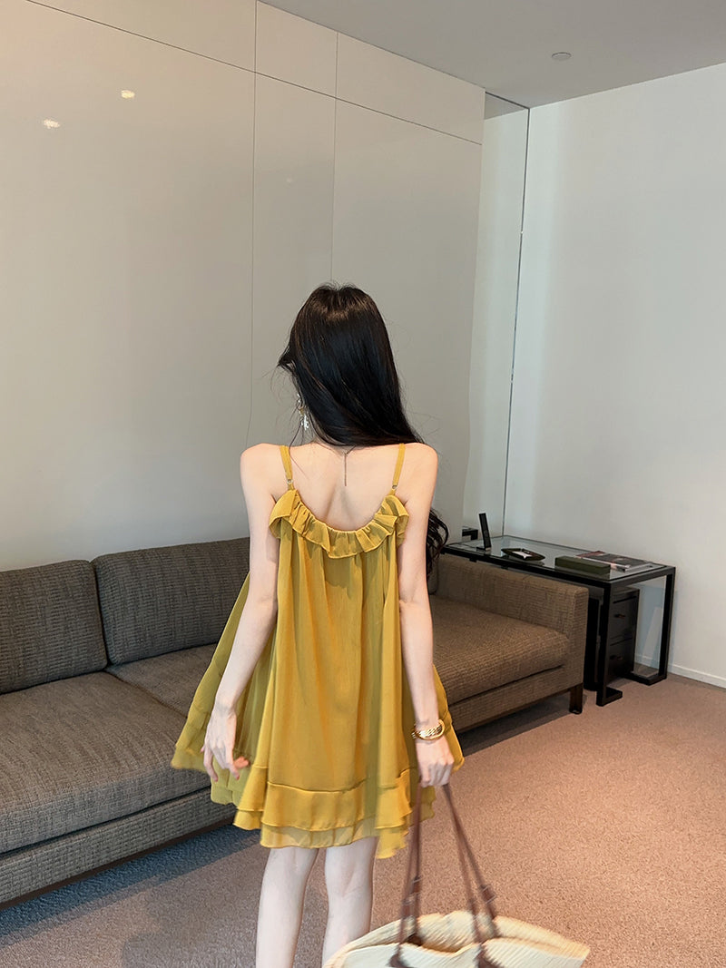 💕氣質重工吊帶荷葉邊不規則連衣裙