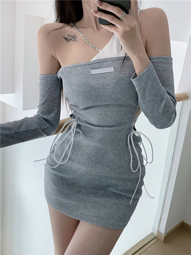 💕chic調皮性感鏤空綁帶露肩顯瘦連衣裙