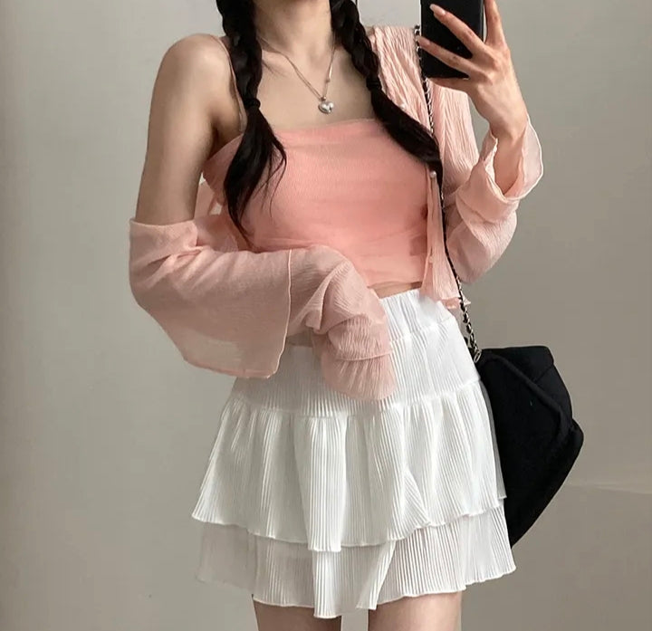 💕春夏防曬長袖雪紡開衫+網紗拼接針織吊帶