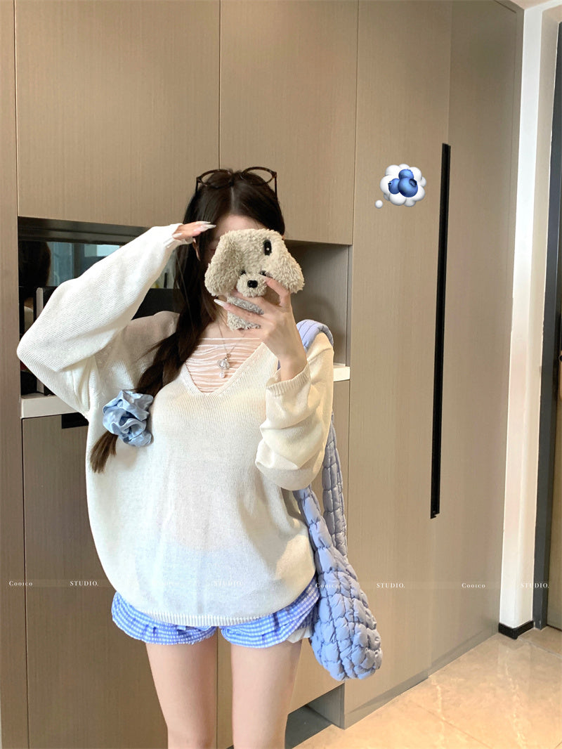 💕大V領微縷空針織防曬罩衫