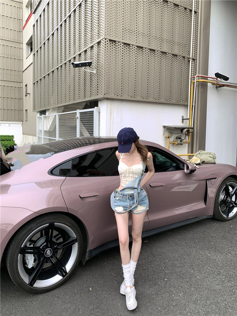 💕活潑俏皮百搭牛仔背帶短褲