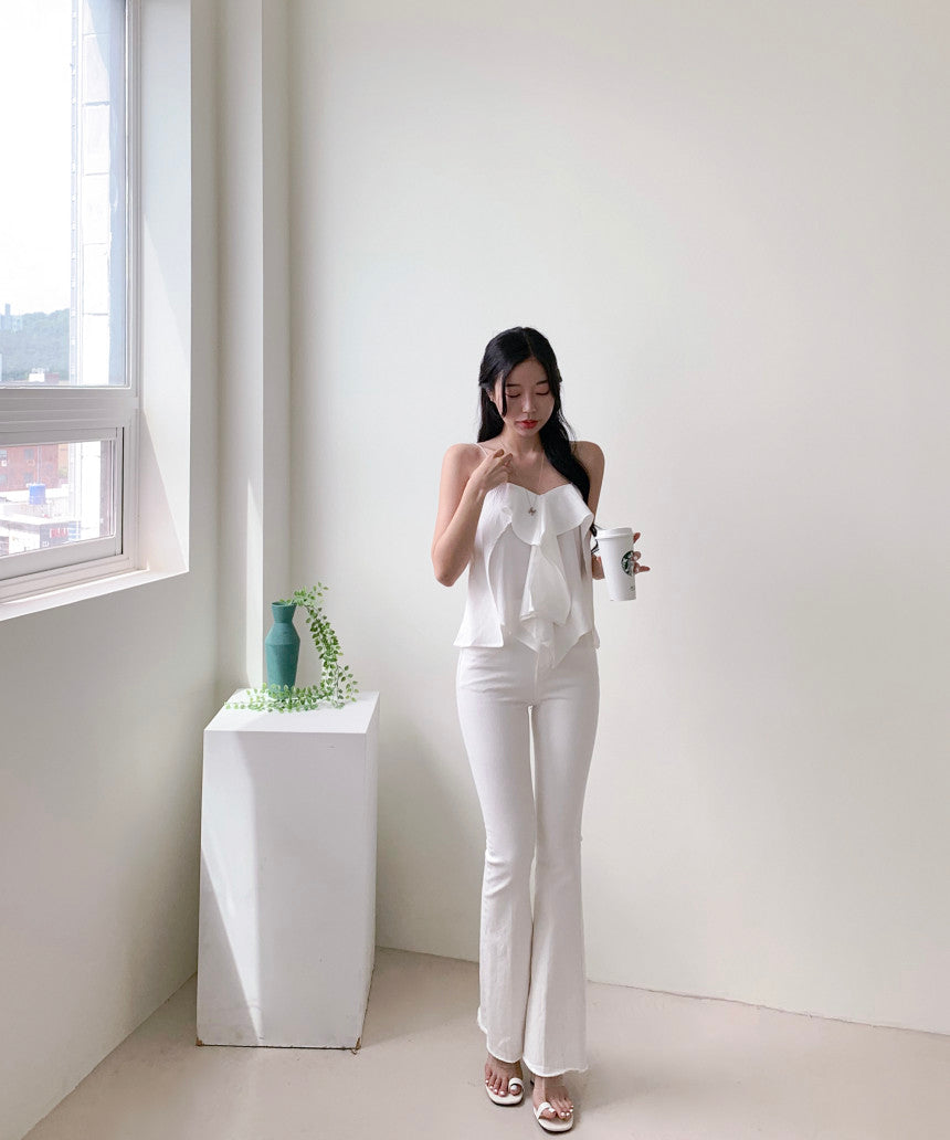 💕夏季法式純欲不規則荷葉邊吊帶上衣