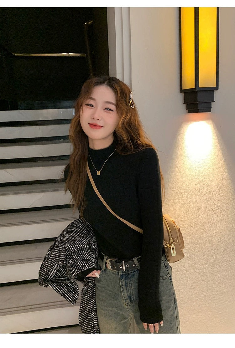 💕秋冬簡約內刷毛半高領別緻保暖上衣