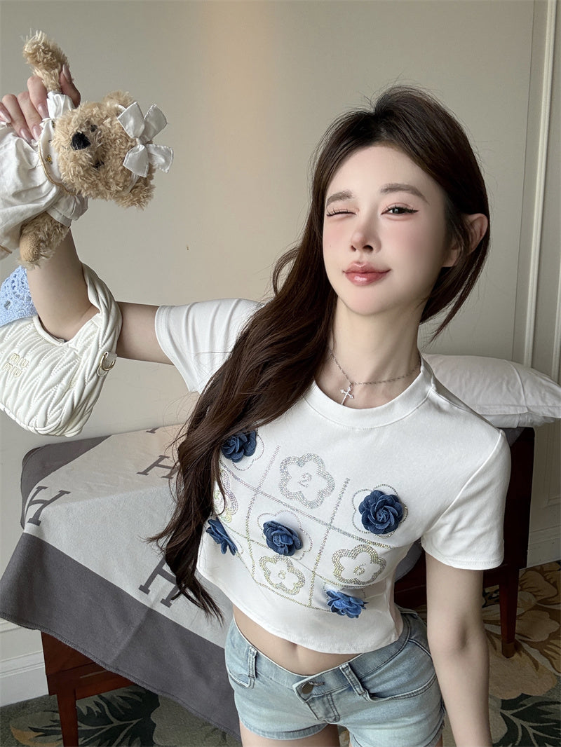 💕韓系立體花朵裝飾燙鑽短袖上衣