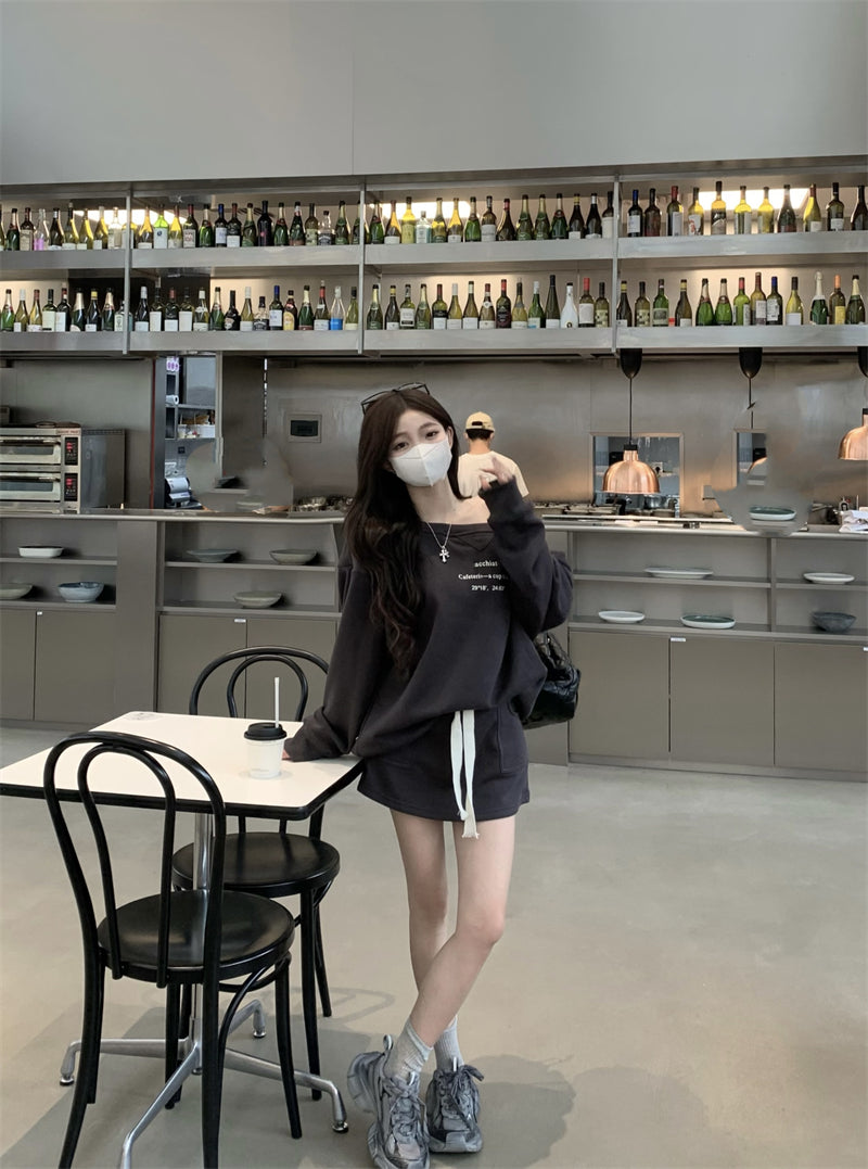 💕休閒簡約百搭一字肩印花長袖衛衣套裝