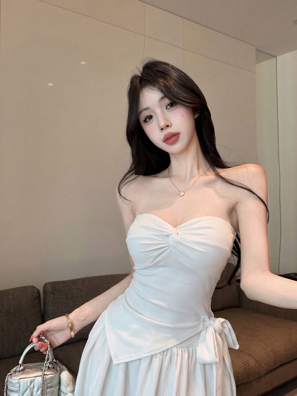 💕氣質帶胸墊不規則下擺系帶扭結兩件套