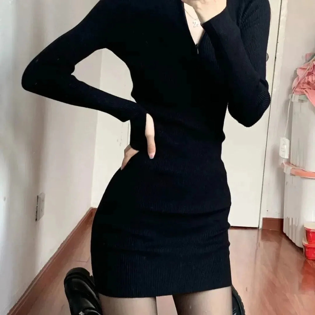 💕簡約百搭春秋翻領緊身包臀裙