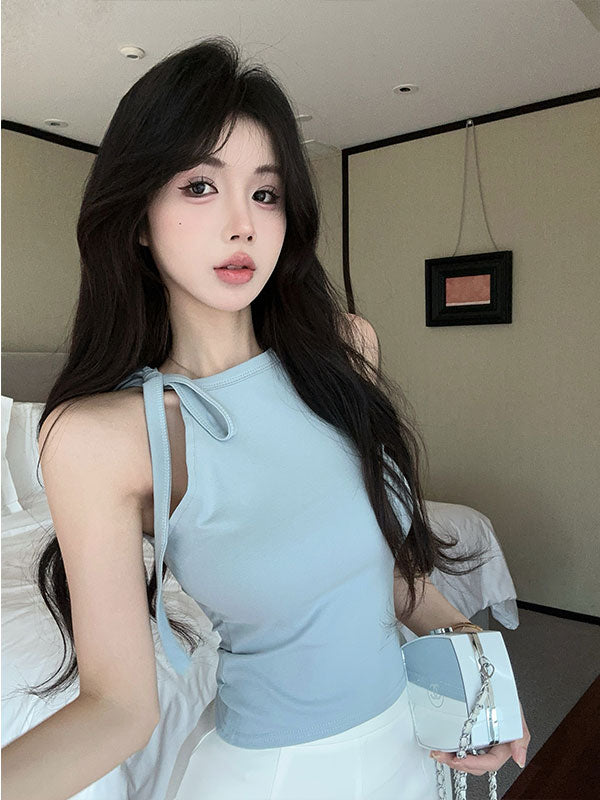 💕法式優雅飄帶蝴蝶結短版上衣