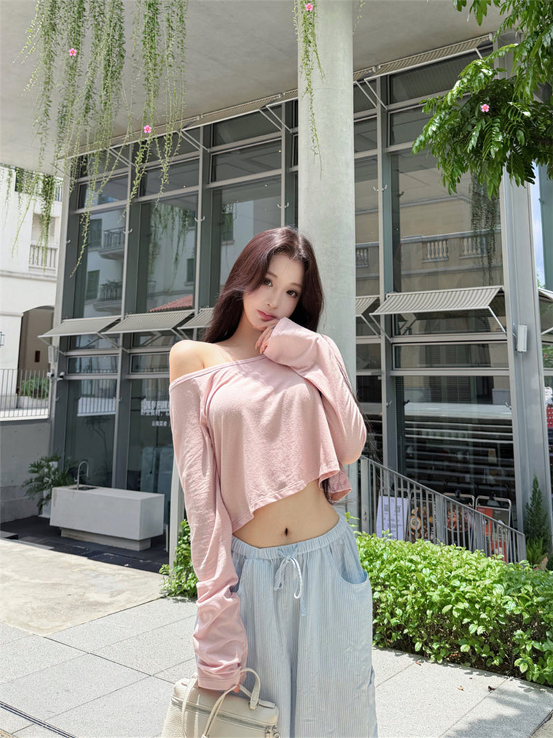 💕溫柔懶人斜肩長袖短款露臍上衣&條紋寬褲兩件套
