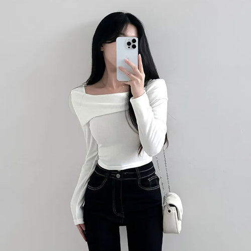 💕chic秋季長袖打底小心機露鎖骨上衣