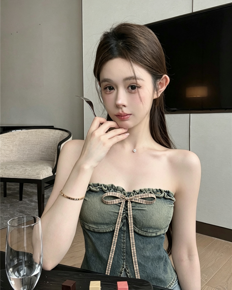 💕不規則蝴蝶結牛仔一字肩抹胸上衣