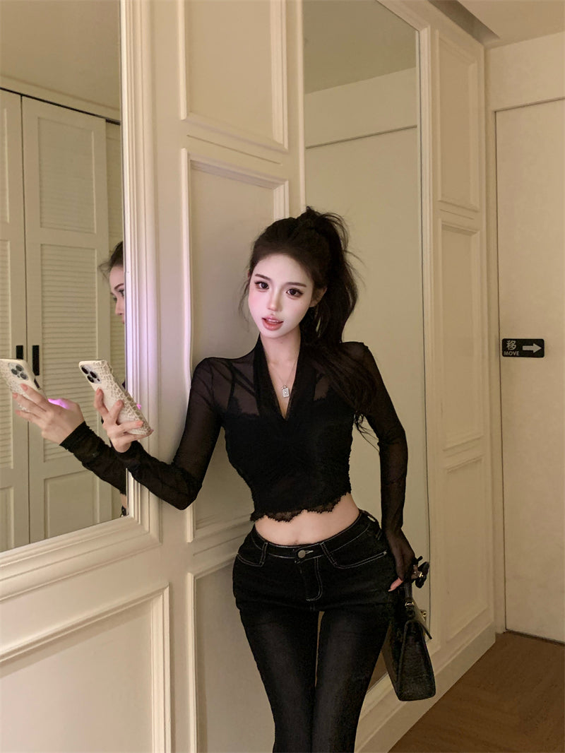 💕性感微透網紗長袖V領蕾絲吊帶內搭上衣兩件套