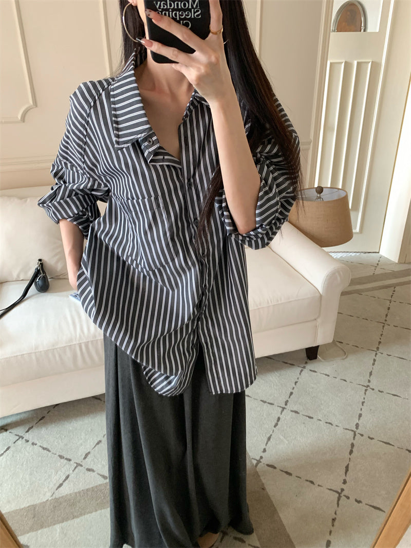 💕休閒條紋口袋襯衫撞色上衣套裝
