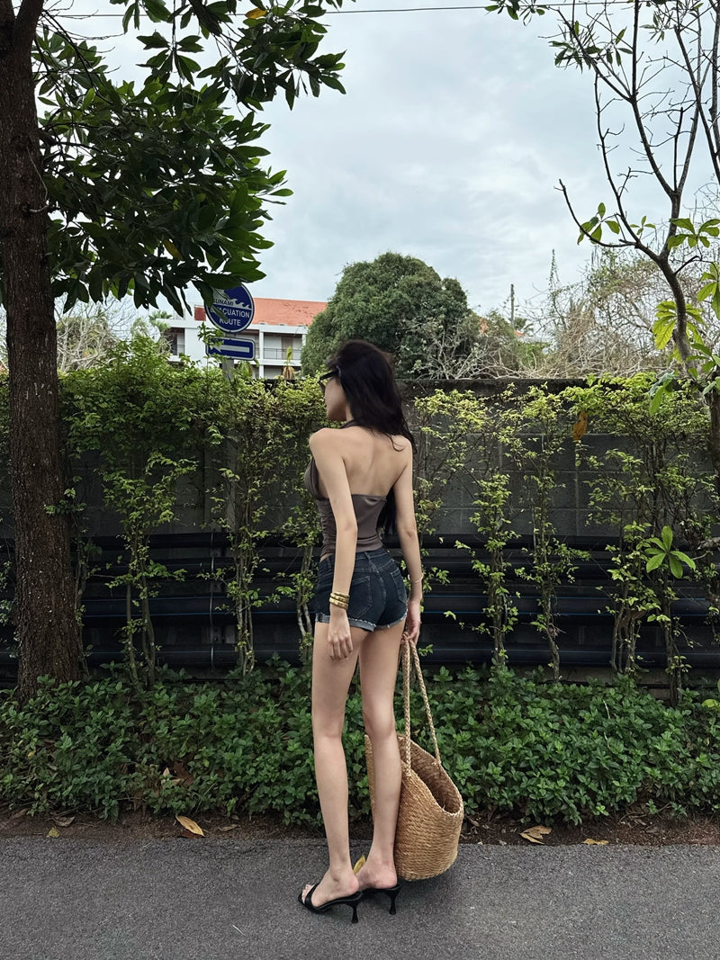 💕時尚V領褶皺掛脖收腰吊帶網紗上衣